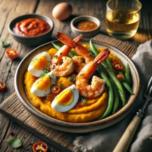 Pompoen-aardappelstamppot met gegrilde garnalenspiesen en tomatenjus, geserveerd in een rustiek keramisch schaaltje. Gegarneerd met groene bonen, fijngehakte chili en kwartjes hardgekookt ei, sfeervol gepresenteerd op een houten tafel met natuurlijke belichting.