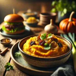 Pompoenstamppot met gember, romig en goudoranje, geserveerd in een rustiek keramisch schaaltje. Gemengd met prei en rozijnen, met een perfect gebakken hamburger ernaast en gegarneerd met verse koriander, sfeervol gepresenteerd op een houten tafel met natuurlijke belichting.