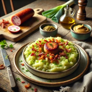 Een rustieke foto van preistamppot met krokante bacon en rookworst, geserveerd op een keramieken bord op een doorleefde houten tafel. De smeuïge aardappelpuree is gemengd met zacht gestoofde prei en heeft een romige textuur met een lichte groentint. Krokante spekjes zijn er overheen gestrooid voor extra smaak en crunch. De rookworst, in plakjes gesneden, ligt ernaast met een diepe roodbruine kleur. Het gerecht is gegarneerd met vers gehakte peterselie. Op de achtergrond ligt een houten snijplank met extra spekreepjes en een schaaltje mosterd, subtiel vervaagd. Zacht natuurlijk licht zorgt voor een warme en uitnodigende sfeer.