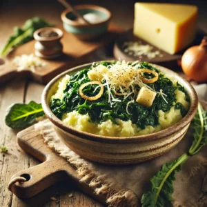 Een rustieke foto van stamppot raapstelen met kaas, geserveerd in een keramieken kom op een doorleefde houten tafel. De smeuïge aardappelpuree is gemengd met verse, groene raapstelen, wat zorgt voor een levendige textuur. Kleine blokjes jong belegen kaas zijn door de stamppot geschept en beginnen licht te smelten. Een snufje zwarte peper en een vleugje nootmuskaat verrijken het gerecht. Knapperige gefruite uitjes en extra geraspte kaas zijn erover gestrooid voor extra smaak. Op de achtergrond ligt een houten snijplank met extra raapstelen en kaas, subtiel vervaagd. Zacht natuurlijk licht zorgt voor een warme en uitnodigende sfeer.