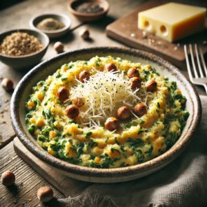 Raapstelenpotje geserveerd in een rustiek keramisch schaaltje. De romige stamppot van aardappelen en zoete aardappel is gemengd met fijngesneden raapstelen en geroosterde hazelnoten. De bovenkant is gegratineerd met gesmolten oude kaas, waardoor een goudbruin, knapperig korstje ontstaat. Sfeervol gepresenteerd op een houten tafel met natuurlijke belichting.