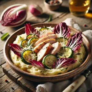 Radicchio-courgettestamppot met gerookte kip en Parmezaan, geserveerd in een rustiek keramisch schaaltje. De romige stamppot bevat fijngesneden radicchio en courgette voor een frisse en licht bittere smaak. Plakjes gerookte kip liggen bovenop, bestrooid met Parmezaanse kaas en versgemalen zwarte peper. Sfeervol gepresenteerd op een houten tafel met natuurlijke belichting.