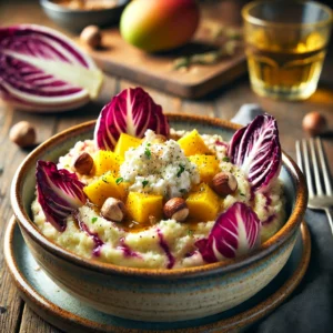 Radicchiostamppot met geitenkaas, mango en hazelnoten, geserveerd in een rustiek keramisch schaaltje. De romige stamppot bevat fijngesneden radicchio en stukjes zoete mango. Verkruimelde geitenkaas smelt licht in het gerecht, terwijl geroosterde hazelnoten zorgen voor een knapperige bite. Afgewerkt met een drizzle honing en versgemalen zwarte peper. Sfeervol gepresenteerd op een houten tafel met natuurlijke belichting.