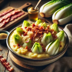 Een rustieke foto van rauwe andijviestamppot met spek en Gelderse worst, geserveerd in een keramieken kom op een doorleefde houten tafel. De smeuïge aardappelpuree is gemengd met fijngesneden verse andijvie, wat zorgt voor een frisse groene tint. Knapperige spekjes en zacht gebakken ui zijn door de stamppot geroerd voor extra smaak. Plakjes gegrilde Gelderse worst liggen erbovenop, licht gebruind. Een drizzle gesmolten boter en een snufje versgemalen zwarte peper maken het gerecht af. Op de achtergrond ligt een houten snijplank met extra andijvie, spek en een schaaltje mosterd, subtiel vervaagd. Zacht natuurlijk licht zorgt voor een warme en uitnodigende sfeer.