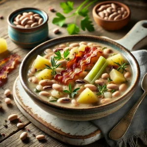 Een realistische foto van een stevige bonensoep, geserveerd in een keramieken kom op een doorleefde houten tafel. De dikke soep is gemaakt van witte en bruine bonen, aardappelen, prei, selderij en uien, gemixt tot een romige textuur. Knapperig gebakken spekjes zijn erover gestrooid voor een hartige smaak. Verse kruiden zoals peterselie en bonenkruid zorgen voor een kleurrijke finishing touch. Op de achtergrond ligt een houten snijplank met extra spek, bonen en een soeplepel, subtiel vervaagd.