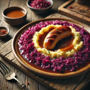 Een rustieke foto van rode koolstamppot met kruidige jus en een goudbruine braadworst, geserveerd op een keramieken bord op een doorleefde houten tafel. De smeuïge aardappelpuree is gemengd met diep paarse rode kool en heeft een kuiltje gevuld met aromatische, kruidige jus. De braadworst ligt er gebakken en licht gebogen bovenop, met een knapperige buitenkant. Het gerecht is gegarneerd met vers gehakte peterselie. Op de achtergrond ligt een houten snijplank met extra rode kool en een kommetje jus, subtiel vervaagd. Zacht natuurlijk licht zorgt voor een warme en uitnodigende sfeer.
