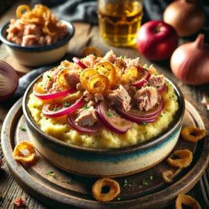 Een rustieke foto van rode ui-appelstamppot met tonijn en gefrituurde knoflook, geserveerd in een keramieken kom op een doorleefde houten tafel. De smeuïge aardappelpuree is gemengd met gekarameliseerde rode ui en stukjes zoete appel, wat zorgt voor een rijke smaakbalans. Zachte vlokken tonijn zijn door de stamppot gemengd voor een hartige toets. Knapperige, goudbruine plakjes gefrituurde knoflook zijn over het gerecht gestrooid voor extra crunch. Het geheel is gegarneerd met verse kruiden. Op de achtergrond ligt een houten snijplank met extra knoflookchips en een schaaltje tonijn, subtiel vervaagd. Zacht natuurlijk licht zorgt voor een warme en uitnodigende sfeer.