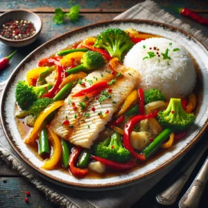 Roerbakschotel met reepjes tilapia, kleurrijke wokgroenten en een glanzende saus van Worcestershire en gembersiroop, geserveerd met witte rijst op een wit bord, geplaatst op een donker rustieke houten tafel in zacht natuurlijk licht.