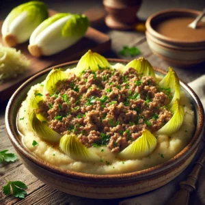 Een rustieke foto van romige andijviestamppot met gehakt, geserveerd in een keramieken kom op een doorleefde houten tafel. De smeuïge aardappelpuree is gemengd met fijngesneden verse andijvie, wat zorgt voor een frisse groene tint. Het goed gekruide gehakt ligt royaal bovenop, met een drizzle van jus voor extra smaak. Het gerecht is gegarneerd met fijngesneden peterselie. Op de achtergrond ligt een houten snijplank met extra andijvie en een schaaltje jus, subtiel vervaagd. Zacht natuurlijk licht zorgt voor een warme en uitnodigende sfeer.