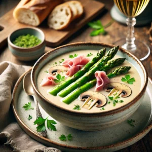 Fluweelzachte Asperge-Champignonvelouté met Ham, een romige soep met een zachte ivoorkleur, geserveerd in een rustiek keramisch schaaltje. Gegarneerd met verse peterselie, dunne hamreepjes en een swirl van room, met knapperig stokbrood ernaast, sfeervol gepresenteerd op een houten tafel met natuurlijke belichting.