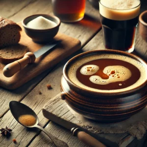 Een realistische foto van biersoep gemaakt met bruin bier, geserveerd in een rustieke keramieken kom op een doorleefde houten tafel. De soep heeft een diepe, warme bruine kleur en een fluweelzachte textuur, licht gebonden met eidooier en aardappelzetmeel. Een dun laagje schuim op de oppervlakte hint naar de moutige bierbasis. Een drizzle room en een vleugje nootmuskaat maken de presentatie af. Op de achtergrond ligt een houten snijplank met een klein glas donker bier, een schaaltje suiker en een rustiek brood, subtiel vervaagd. Zacht natuurlijk licht benadrukt de rijke kleuren en texturen, wat zorgt voor een uitnodigende, hartige uitstraling.