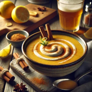 Een realistische foto van romige biersoep met citroen en kaneel, geserveerd in een keramieken kom op een doorleefde houten tafel. De goudkleurige, fluweelzachte soep is doordrenkt met de rijke smaak van bier, een vleugje frisse citroen en warme kaneelkruiden. Een swirl van room geeft een romige textuur, terwijl een snufje kaneel en een twist van citroenzeste de presentatie verfijnen. Op de achtergrond ligt een houten snijplank met extra citroenpartjes, kaneelstokjes en een klein glas bier, subtiel vervaagd. Zacht natuurlijk licht benadrukt de texturen en kleuren, wat zorgt voor een uitnodigende, gastronomische sfeer.