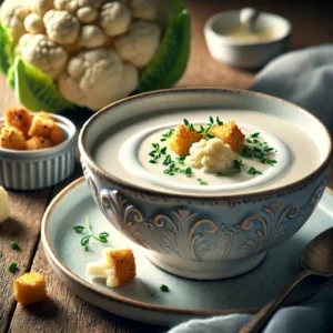 Een kom romige bloemkoolvelouté Dubarry, geserveerd in een elegante witte soepkom. De fluweelzachte soep is licht ivoorkleurig en gegarneerd met een drizzle room en fijngesneden bieslook. Knapperige goudbruine croutons zorgen voor extra textuur. De setting is een rustieke houten tafel met zachte natuurlijke belichting, en op de achtergrond zijn een verse bloemkool en een schaaltje croutons subtiel zichtbaar.