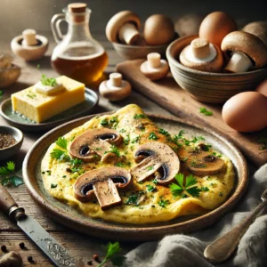 Een realistische foto van romige champignonomeletjes, geserveerd op een keramieken bord op een doorleefde houten tafel. De luchtige, goudbruine omeletjes zijn gevuld met zacht gebakken champignons in een lichte, romige saus. Verse kruiden zoals peterselie en bieslook geven een frisse touch, terwijl een snufje zwarte peper de smaak versterkt. Een drizzle gesmolten boter maakt het gerecht af. Op de achtergrond ligt een houten snijplank met extra champignons, eieren en een schaaltje room, subtiel vervaagd. Zacht natuurlijk licht benadrukt de texturen en kleuren, wat zorgt voor een uitnodigende, huiselijke uitstraling.