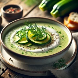 Romige courgettesoep met verse dille, een swirl van room en gebakken courgetteplakjes, geserveerd met knapperig brood op een rustieke houten tafel.