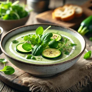 Romige courgettesoep met waterkers, gegarneerd met een swirl van room, gebakken courgetteplakjes en versgemalen peper, geserveerd met knapperig brood op een rustieke houten tafel.