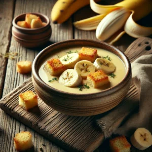 Een rustieke foto van romige Florida-soep met banaan en croûtons, geserveerd in een keramieken kom op een doorleefde houten tafel. De fluweelzachte, lichtgele soep heeft een gladde textuur en is gegarneerd met goudbruine, knapperige croûtons en dunne schijfjes verse banaan. Een snufje fijngesneden kruiden voegt kleur toe. Op de achtergrond ligt een houten snijplank met extra croûtons en banaanschijfjes, subtiel vervaagd. Zacht natuurlijk licht zorgt voor een warme en uitnodigende sfeer.