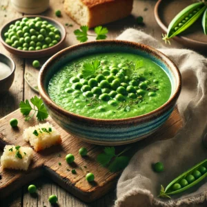 Een realistische foto van jonge erwtensoep, geserveerd in een keramieken kom op een doorleefde houten tafel. De soep heeft een levendige groene kleur en een romige, fluweelzachte textuur, gemaakt van jonge erwten, aardappelen, prei en verse kruiden. Een drizzle room en een snufje fijngehakte peterselie en postelein zorgen voor een frisse finishing touch. Knapperige croutons liggen ernaast, perfect om in de soep te dippen. Op de achtergrond ligt een houten snijplank met extra erwten, een schaaltje room en een rustiek brood, subtiel vervaagd.