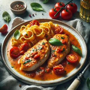 Een realistische foto van gebakken kipfilet in romige tomatensaus, geserveerd op een rustiek wit bord. De goudbruine kipfilets zijn bedekt met een rijke, fluweelzachte tomatensaus met mediterrane kruiden, gegarneerd met verse basilicumblaadjes. Kleine blokjes tomaat zijn zichtbaar in de saus, wat een frisse toets geeft. Het gerecht wordt vergezeld door een portie tagliatelle, licht besprenkeld met olijfolie, en een eenvoudige groene salade met gemengde sla. In de achtergrond zijn een linnen servet, een vork en een glas witte wijn subtiel vervaagd voor een warme en uitnodigende eetsfeer.