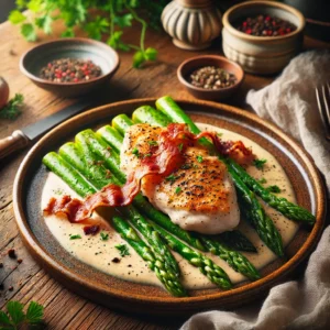 Romige kipfilet met groene asperges en knapperige spekjes, geserveerd op een rustiek keramisch bord. Gegarneerd met verse peterselie en zwarte peper, sfeervol gepresenteerd op een houten tafel met zachte, natuurlijke belichting.
