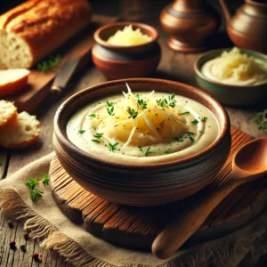Een rustieke houten tafel met een kom romige knolseldersoep, gegarneerd met smeltkaas en verse kruiden. Op de achtergrond een knapperig brood en een schaaltje extra gesmolten kaas.