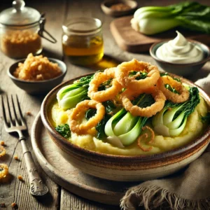 Een rustieke foto van stamppot met paksoi, geserveerd in een keramieken kom op een doorleefde houten tafel. De smeuïge aardappelpuree is gemengd met verse, dun gesneden paksoi, wat zorgt voor een lichte en knapperige textuur. Krokant gebakken uiringen zijn bovenop geplaatst voor extra smaak. Een vleugje zure room en piccalilly geven een frisse, pittige toets. Op de achtergrond ligt een houten snijplank met extra paksoi en een schaaltje piccalilly, subtiel vervaagd. Zacht natuurlijk licht zorgt voor een warme en uitnodigende sfeer.