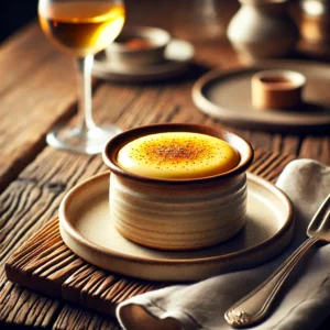 Romige Pochée Royale, een fluweelzachte custard met een gouden tint, geserveerd in een rustiek keramisch schaaltje. Licht bestrooid met versgeraspte nootmuskaat, sfeervol gepresenteerd op een houten tafel met natuurlijke belichting.