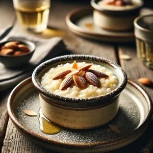 Romige Rijstcrème Royale met Amandelen, een fluweelzachte amandelrijstcustard met een lichte gouden tint, geserveerd in een rustiek keramisch schaaltje. Gegarneerd met amandelschaafsel en poedersuiker, met een vleugje honing of amandelsaus, sfeervol gepresenteerd op een houten tafel met natuurlijke belichting.