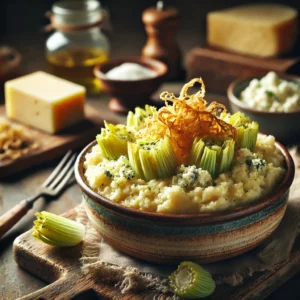 Een rustieke foto van selderijstamppot met gorgonzola, geserveerd in een keramieken kom op een doorleefde houten tafel. De smeuïge aardappelpuree is gemengd met zachte knolselderij en knapperige stukjes bleekselderij, wat zorgt voor een rijke en stevige textuur. Verkruimelde gorgonzola is bovenop gesmolten, waardoor het gerecht een diepe, hartige smaak krijgt. Krokante gefrituurde knolselderijreepjes zijn als topping toegevoegd voor extra crunch. Op de achtergrond ligt een houten snijplank met extra kaas en selderij, subtiel vervaagd. Zacht natuurlijk licht zorgt voor een warme en uitnodigende sfeer.