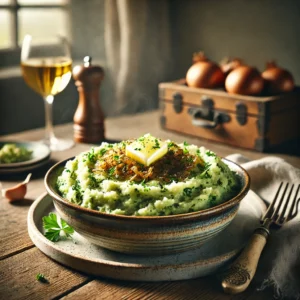 Romige boerenkoolstamppot met knoflook en ui, geserveerd in een rustiek keramisch schaaltje. De stamppot is rijk en fluweelzacht, met gesmoorde knoflook en gekarameliseerde ui voor een diepe, hartige smaak. Gegarneerd met verse peterselie en een smeltend klontje boter, sfeervol gepresenteerd op een houten tafel met natuurlijke belichting.