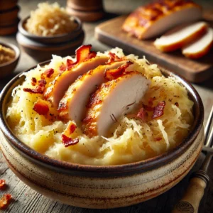 Een realistische foto van romige stamppot zuurkool met gerookte kip en spekjes, geserveerd in een keramieken kom op een doorleefde houten tafel. De smeuïge aardappelpuree is gemengd met frisse zuurkool voor een rijke, lichtzure smaak. Malse plakjes gerookte kip zijn door het gerecht gevouwen, terwijl knapperige, goudbruine spekjes een hartige bite toevoegen. Een drizzle gesmolten boter maakt het geheel extra romig. Op de achtergrond ligt een houten snijplank met extra gerookte kip, spekjes en zuurkool, subtiel vervaagd. Zacht natuurlijk licht benadrukt de texturen en kleuren, wat zorgt voor een warme, huiselijke sfeer.