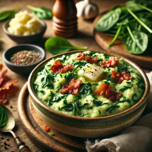 Een rustieke foto van romige stamppot met bladspinazie en spekjes, geserveerd in een keramieken kom op een doorleefde houten tafel. De smeuïge aardappelpuree is gemengd met fijngesneden verse spinazie, wat zorgt voor een levendige groene kleur. Krokant gebakken spekjes zijn eroverheen gestrooid voor extra smaak. Een drizzle gesmolten boter en een snufje versgemalen zwarte peper maken het gerecht compleet. Op de achtergrond ligt een houten snijplank met extra spinazie en spek, subtiel vervaagd. Zacht natuurlijk licht zorgt voor een warme en uitnodigende sfeer.