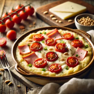 Een rustieke foto van stamppot met kerstomaatjes, ham en mozzarella, geserveerd in een keramieken ovenschaal op een doorleefde houten tafel. De smeuïge aardappelpuree is gemengd met sappige kwartjes kerstomaat, dunne reepjes gegrilde ham en fijngesneden bieslook. Plakjes verse mozzarella zijn er bovenop gelegd en licht gesmolten onder de grill. Geroosterde pijnboompitten zijn over het gerecht gestrooid voor een knapperige toets. Op de achtergrond ligt een houten snijplank met extra tomaatjes, ham en mozzarella, subtiel vervaagd. Zacht natuurlijk licht zorgt voor een warme en uitnodigende sfeer.