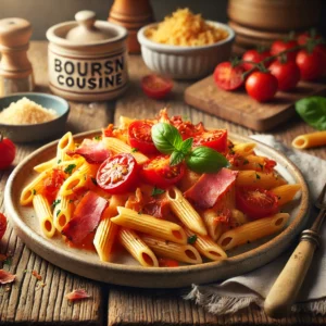 Romige tomatenpasta met een rijke Boursin-tomatensaus, gegarneerd met krokante parmaham, verse basilicum en sappige cherrytomaatjes. Geserveerd op een rustieke keramische schaal op een houten tafel met zachte, natuurlijke belichting.