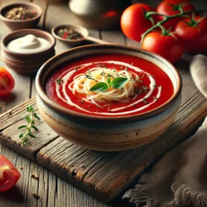 Een rustieke foto van romige tomatensoep Fedora met vermicelli, geserveerd in een keramieken kom op een doorleefde houten tafel. De rijke, dieprode soep heeft een fluweelzachte textuur en is gegarneerd met dunne slierten vermicelli en fijngesneden verse basilicum. Een swirl van room op het oppervlak zorgt voor een mooi contrast. Op de achtergrond ligt een houten snijplank met extra verse tomaten en een schaaltje room, subtiel vervaagd. Zacht natuurlijk licht zorgt voor een warme en uitnodigende sfeer.