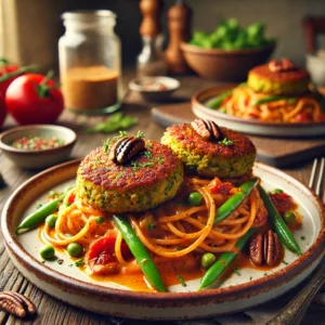Romige tomatenspaghetti met een rijke tomaten-mascarponesaus, geserveerd met knapperige groenteburgers en gehakte pecannoten. Op een rustieke keramische schaal, gegarneerd met verse kruiden en sfeervol gepresenteerd op een houten tafel met natuurlijke belichting.