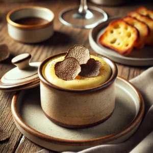 Truffel Royale, een verfijnde truffelcustard met een fluweelzachte textuur, geserveerd in een rustiek keramisch schaaltje. Gegarneerd met vers geschaafde truffel en een druppel rijke demi-glace, met knapperig toastbrood aan de zijde, sfeervol gepresenteerd op een houten tafel met natuurlijke belichting.