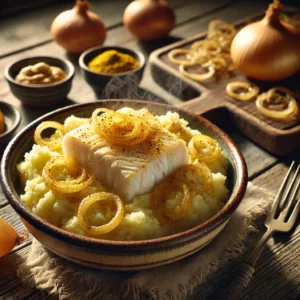 Een rustieke foto van uien-visstamppot, geserveerd in een keramieken kom op een doorleefde houten tafel. De smeuïge aardappelpuree is gemengd met goudgeel gebakken uien en een vleugje kerriepoeder voor een warme, kruidige smaak. Zacht gegaarde stukken witvis zijn voorzichtig door de stamppot geschept om hun structuur te behouden. Een hint van mosterd en een scheutje citroensap geven een frisse en hartige toets. Op de achtergrond ligt een houten snijplank met extra uien en een schaaltje mosterd, subtiel vervaagd. Zacht natuurlijk licht zorgt voor een warme en uitnodigende sfeer.