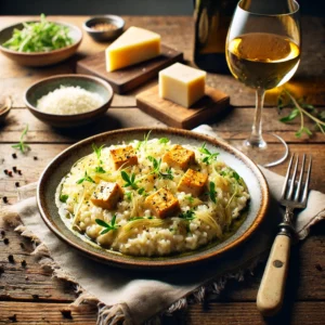 Een rustieke houten tafel met een prachtig opgediende romige venkelrisotto met tofu, gegarneerd met verse kruiden en een scheutje olijfolie. Naast het gerecht staat een klein schaaltje extra Parmezaanse kaas en een glas witte wijn, wat zorgt voor een warme en gezellige sfeer.