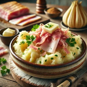Een rustieke foto van visstamppot, geserveerd in een keramieken kom op een doorleefde houten tafel. De smeuïge aardappelpuree is gemengd met zachte vlokken gestoomde kabeljauw en gekookte schorseneren, wat zorgt voor een rijke en stevige textuur. Dunne reepjes rauwe ham voegen een hartige smaak toe, terwijl versgehakte peterselie en een vleugje citroensap het gerecht opfrissen. Een smeltend klontje boter maakt de stamppot extra romig. Op de achtergrond ligt een houten snijplank met extra kabeljauw, ham en schorseneren, subtiel vervaagd. Zacht natuurlijk licht zorgt voor een warme en uitnodigende sfeer.