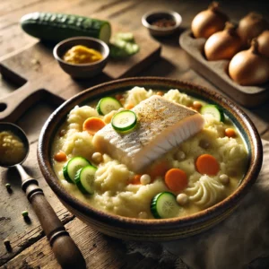 Een rustieke foto van visstamppot, geserveerd in een keramieken kom op een doorleefde houten tafel. De smeuïge aardappelpuree is gemengd met fijngesneden worteltjes, zilveruitjes en een vleugje kerriepoeder, wat zorgt voor een warme en volle smaak. Malse witte vis in een romige saus met plakjes komkommer wordt rondom de puree geschept, die met een ijsbolletjestang in een mooie vorm is gebracht. Op de achtergrond ligt een houten snijplank met extra vis en groenten, subtiel vervaagd. Zacht natuurlijk licht zorgt voor een warme en uitnodigende sfeer.