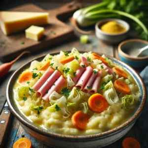 Een realistische foto van witlofstamppot, geserveerd in een keramieken kom op een doorleefde houten tafel. De smeuïge aardappelpuree is gemengd met fijngesneden witlof, wat zorgt voor een licht bittere, maar gebalanceerde smaak. Kleine blokjes ham en goudgeel gesmolten kaas voegen een rijke, hartige toets toe. Zachtgekookte wortelstukjes geven een subtiele zoetheid, terwijl verse gehakte selderijblaadjes het gerecht afmaken. Op de achtergrond ligt een houten snijplank met extra witlof en kaas, subtiel vervaagd. Zacht natuurlijk licht benadrukt de texturen en kleuren, wat zorgt voor een warme, huiselijke sfeer.