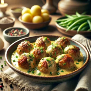 Goudbruine gehaktballetjes in een romige kruidensaus met crème fraîche, gegarneerd met fijngehakte bieslook. Geserveerd met gekookte aardappeltjes en sperziebonen op een rustieke houten tafel met zachte, natuurlijke belichting.