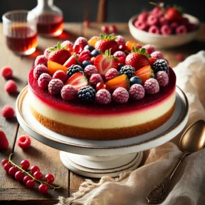 Een rood fruit cheesecake, rijkelijk belegd met verse bramen, frambozen, aardbeien en rode bessen, licht bestrooid met poedersuiker en geserveerd op een witte taartschotel op een rustieke houten tafel.