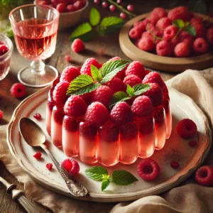 Een elegante roségelei met frambozen, geserveerd met romige muntroom, extra frambozen en een takje verse munt, op een wit bord met een glas rosé en een linnen servet op de achtergrond.