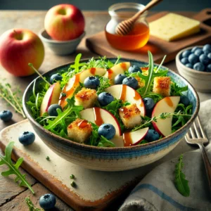 Een realistische foto van een frisse salade met appel, blauwe bessen, kaas en appelstroopdressing, geserveerd in een keramieken kom op een doorleefde houten tafel. De felgroene rucola vormt de basis, belegd met dunne plakjes zoetzure appel, sappige blauwe bessen en kleine blokjes oude kaas. Knapperige, goudbruine croutons zorgen voor extra textuur, terwijl een glanzende drizzle van appelstroopdressing de smaken verrijkt. Verse tijmblaadjes zijn erover gestrooid voor een geurige finishing touch. Op de achtergrond ligt een houten snijplank met extra appelpartjes, kaas en blauwe bessen, subtiel vervaagd. Zacht natuurlijk licht benadrukt de texturen en kleuren, wat zorgt voor een frisse en uitnodigende uitstraling.