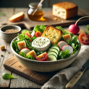 Een realistische foto van een frisse salade met geroosterd haverkornbrood, warme geitenkaas en appelstroopdressing, geserveerd in een keramieken kom op een doorleefde houten tafel. De basis bestaat uit knapperige gemengde sla, belegd met gehalveerde cherrytomaten, dunne plakjes radijs en kleine stukjes komkommer. Goudbruine stukjes geroosterd haverkornbrood zorgen voor een knapperige bite, terwijl een warm, licht gesmolten plakje geitenkaas bovenop rust. Een glanzende drizzle appelstroopdressing maakt het geheel af. Op de achtergrond ligt een houten snijplank met extra geitenkaas, brood en dressing ingrediënten, subtiel vervaagd. Zacht natuurlijk licht benadrukt de texturen en kleuren, wat zorgt voor een frisse en uitnodigende uitstraling.