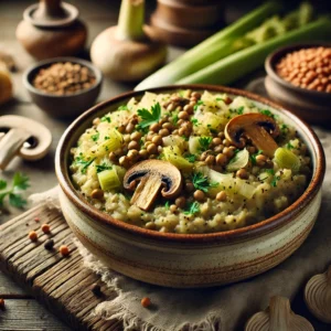 Een rustieke foto van selderij-linzenstamppot, geserveerd in een keramieken kom op een doorleefde houten tafel. De smeuïge puree van knolselderij en gekookte linzen heeft een stevige, aardse textuur. Zacht gebakken prei, knoflook en champignons zijn door het gerecht gemengd voor extra diepgang in smaak. Een garnering van fijngesneden verse kruiden voegt een frisse touch toe. Op de achtergrond ligt een houten snijplank met extra champignons en knolselderij, subtiel vervaagd. Zacht natuurlijk licht zorgt voor een warme en uitnodigende sfeer.