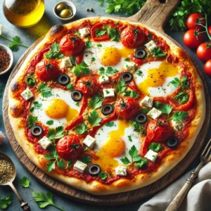 Shakshuka pizza met een goudbruine korst, tomatensaus, gebakken eieren met zachte dooiers, verkruimelde feta, paprika in rood en groen, en verse kruiden, geserveerd op een houten plank in een warme, rustieke setting.