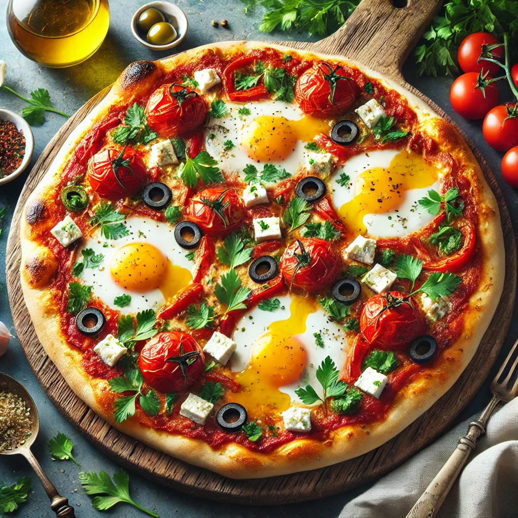 Shakshuka pizza met een goudbruine korst, tomatensaus, gebakken eieren met zachte dooiers, verkruimelde feta, paprika in rood en groen, en verse kruiden, geserveerd op een houten plank in een warme, rustieke setting.